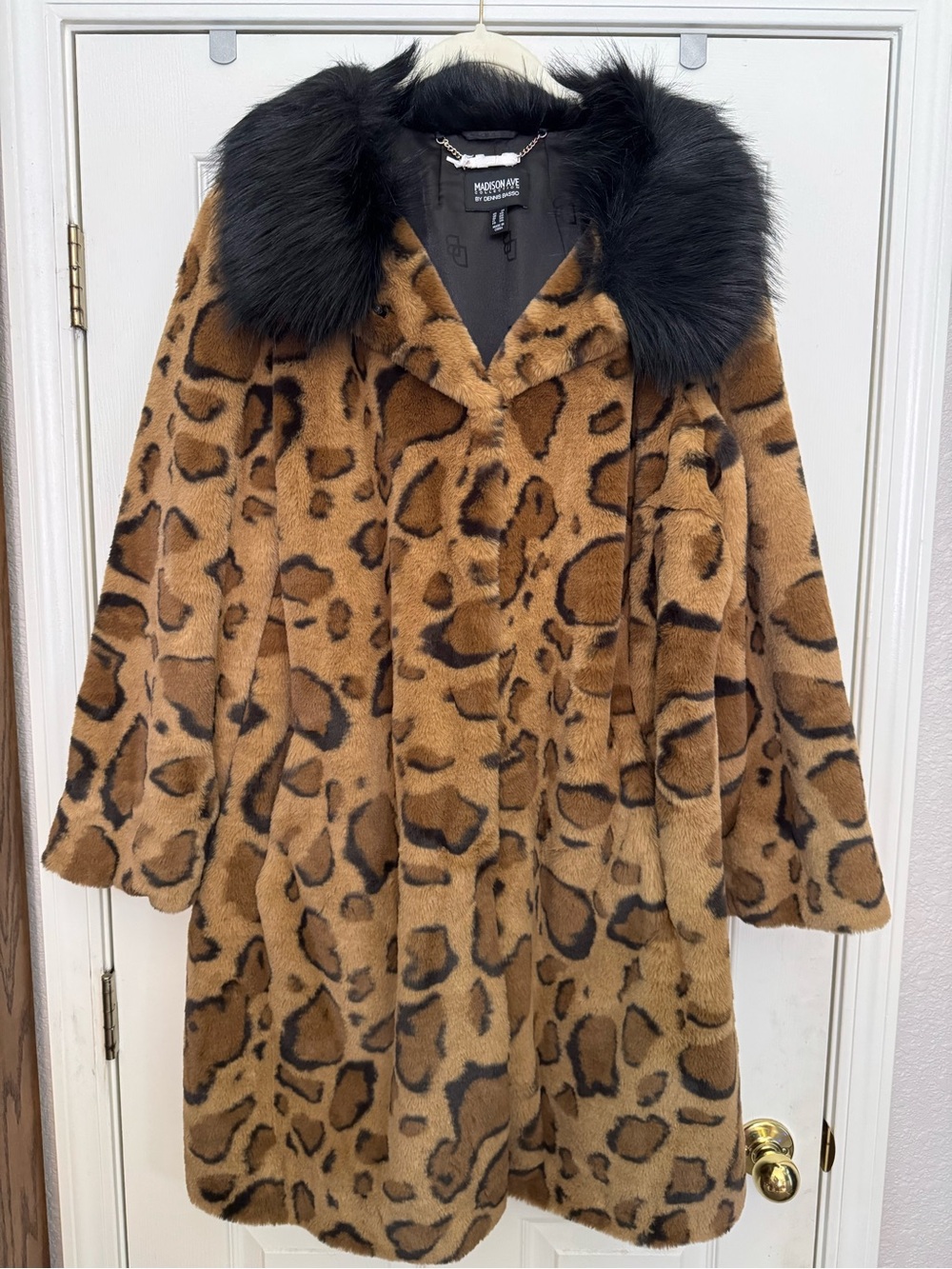 Dennis Basso Leopard Faux Fur Coat with Black Fur Collar, Brand New